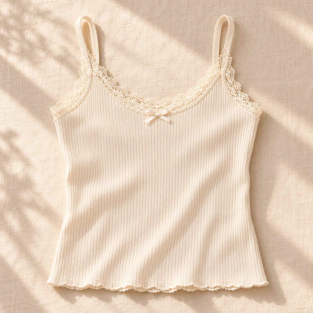 Illustrative cream ribbed camisole with lace trim, laid flat